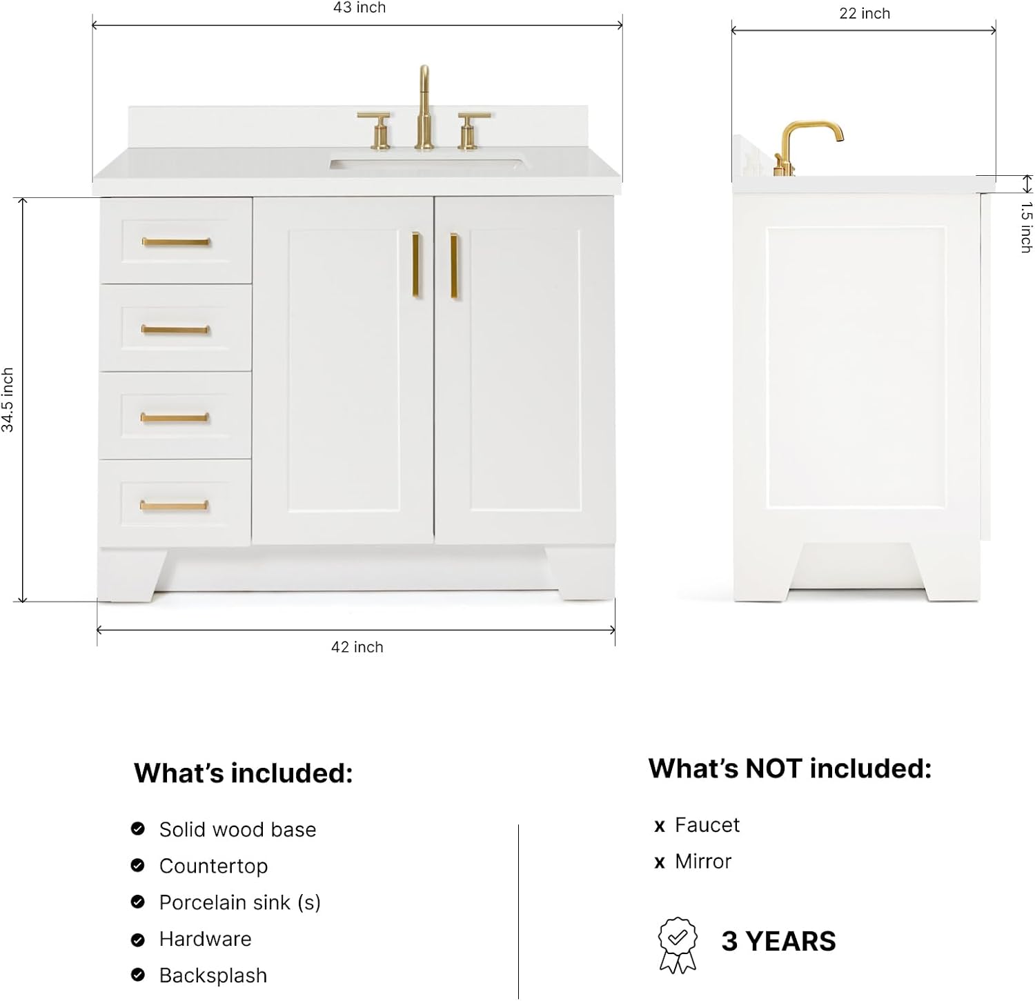 ARIEL Taylor 42-inch Bathroom Vanity with Sink,Solid Wood, 1.5-inch Pure White Quartz Countertop, Single Rectangular Porcelain Sink, Soft Closing Doors, Dovetail Drawers, White
