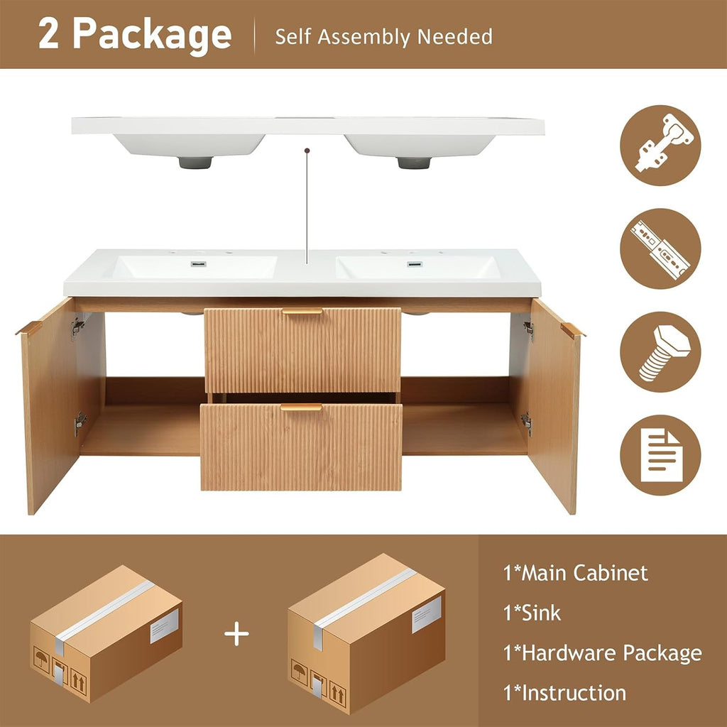 60' Bathroom Vanity with Sink Combo, Floating Double Sink Bathroom Vanity with SMC Resin Top, MDF Cabinet with 2 Soft-Close Doors 2 Drawers, Wall-Mounted Vanities for Large Bathrooms, Wood