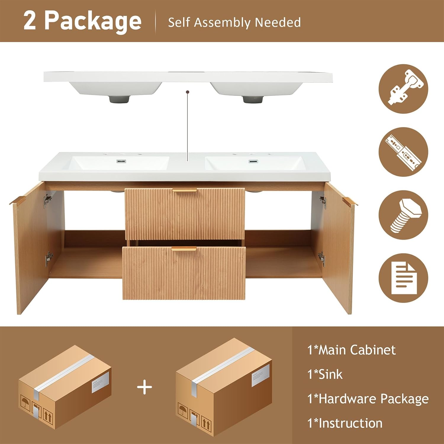 60' Bathroom Vanity with Sink Combo, Floating Double Sink Bathroom Vanity with SMC Resin Top, MDF Cabinet with 2 Soft-Close Doors 2 Drawers, Wall-Mounted Vanities for Large Bathrooms, Wood