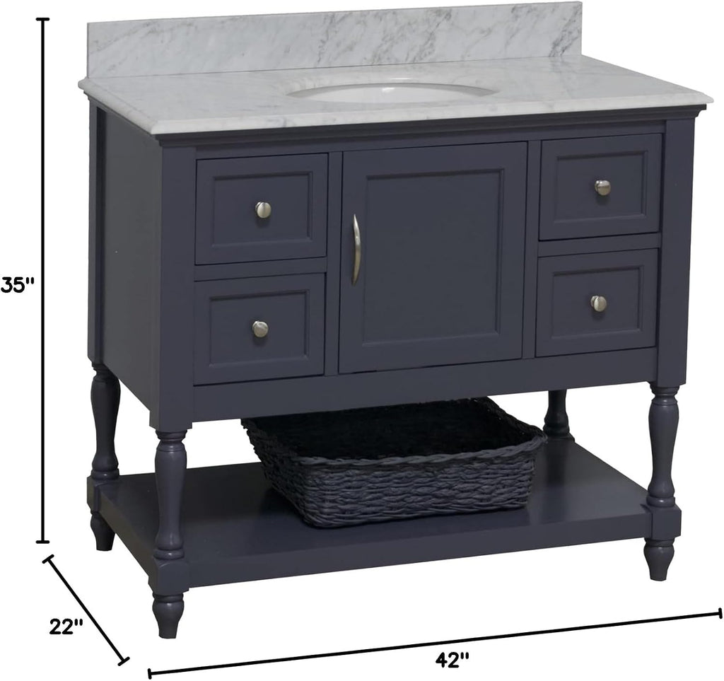 Beverly 42-inch Bathroom Vanity (Marine Gray/Carrara): Includes Marine Gray Cabinet with Authentic Italian Carrara Marble Countertop and White Ceramic Sink