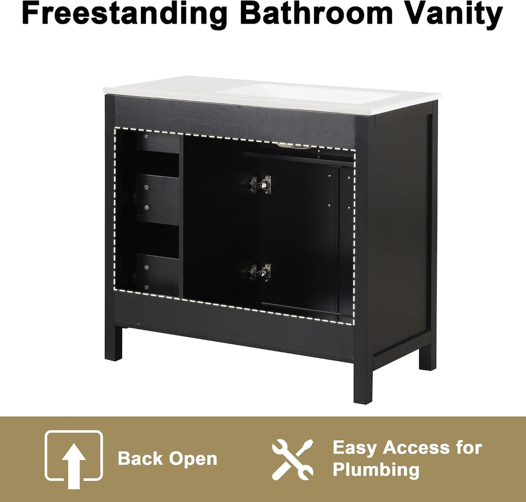 Favfurish 36' Bathroom Vanity with Sink Top and 2 Doors,Water-Resistant Wood Cabinet Vanities w/ 3 Drawers & Chrome-Finish Overflow,Pre-driled Three Faucet Holes,Multi-Functional Storger Space,Black