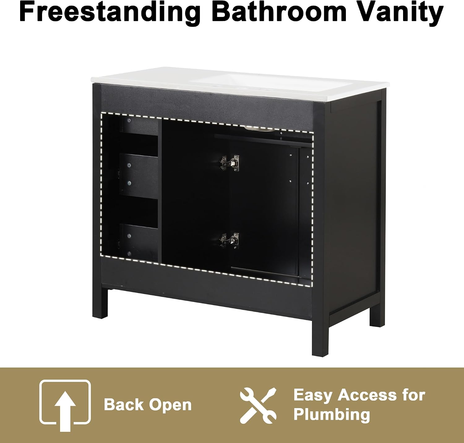 Favfurish 36' Bathroom Vanity with Sink Top and 2 Doors,Water-Resistant Wood Cabinet Vanities w/ 3 Drawers & Chrome-Finish Overflow,Pre-driled Three Faucet Holes,Multi-Functional Storger Space,Black