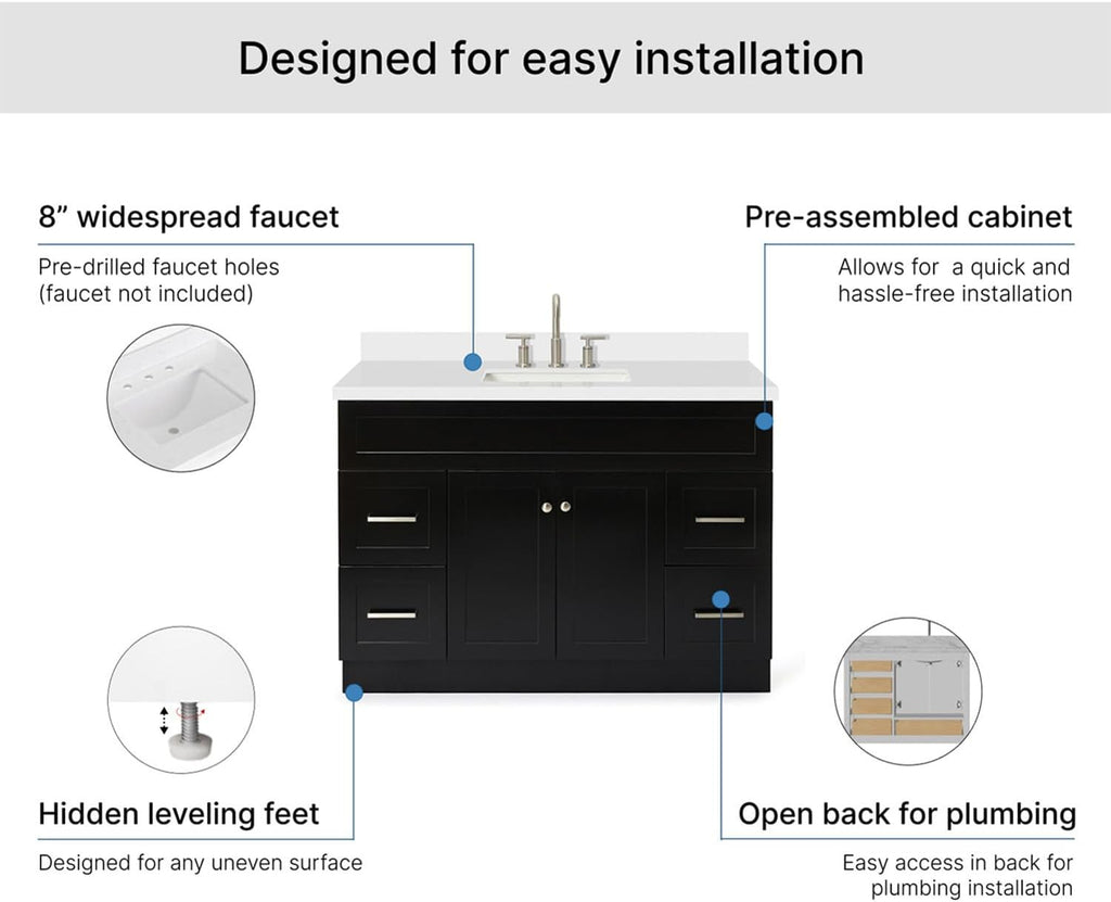 ARIEL Hamlet 48-inch Bathroom Vanity with Sink,Solid Wood, 1.5-inch Pure White Quartz Countertop & Backsplash, Single Rectangular Porcelain Sink, 2 Soft Closing Doors, 4 Dovetail Drawers, Black