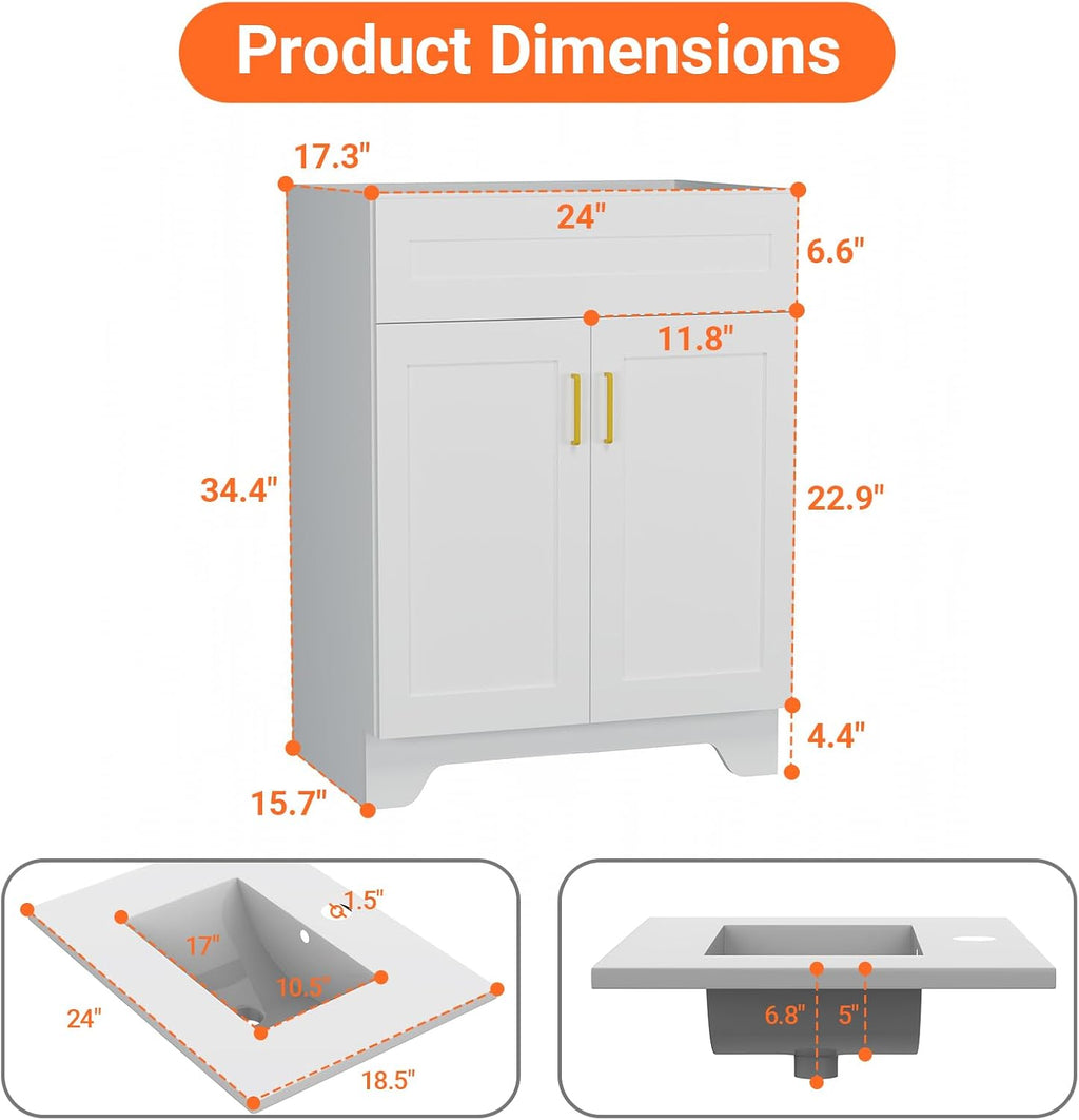 24 Inch Bathroom Vanity with Sink, Modern Bathroom Vanity with Ceramic Basin and Countertop, Narrow Design for Small Bathroom, White