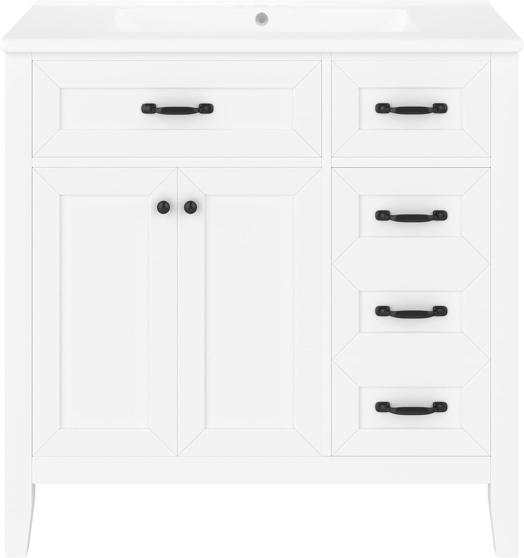 36' Bathroom Vanity with Sink Combo, Bathroom Cabinet with Drawers, Solid Frame and MDF Board,White
