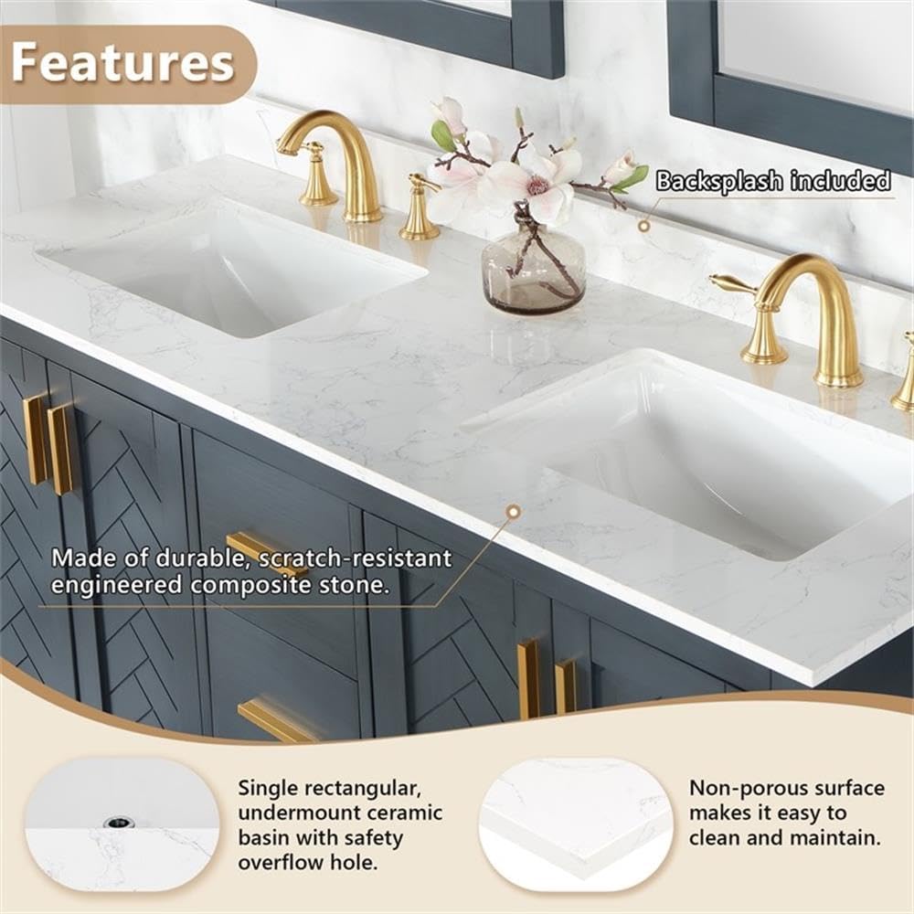 Pemberly Row 61' Engineered Stone Vanity Top, Grain White Finish, Double White Ceramic Sinks, Scratch-Resistant, Heat and Stain-Resistant, Includes Backsplash, Fits 60' Bathroom Vanity Cabinet