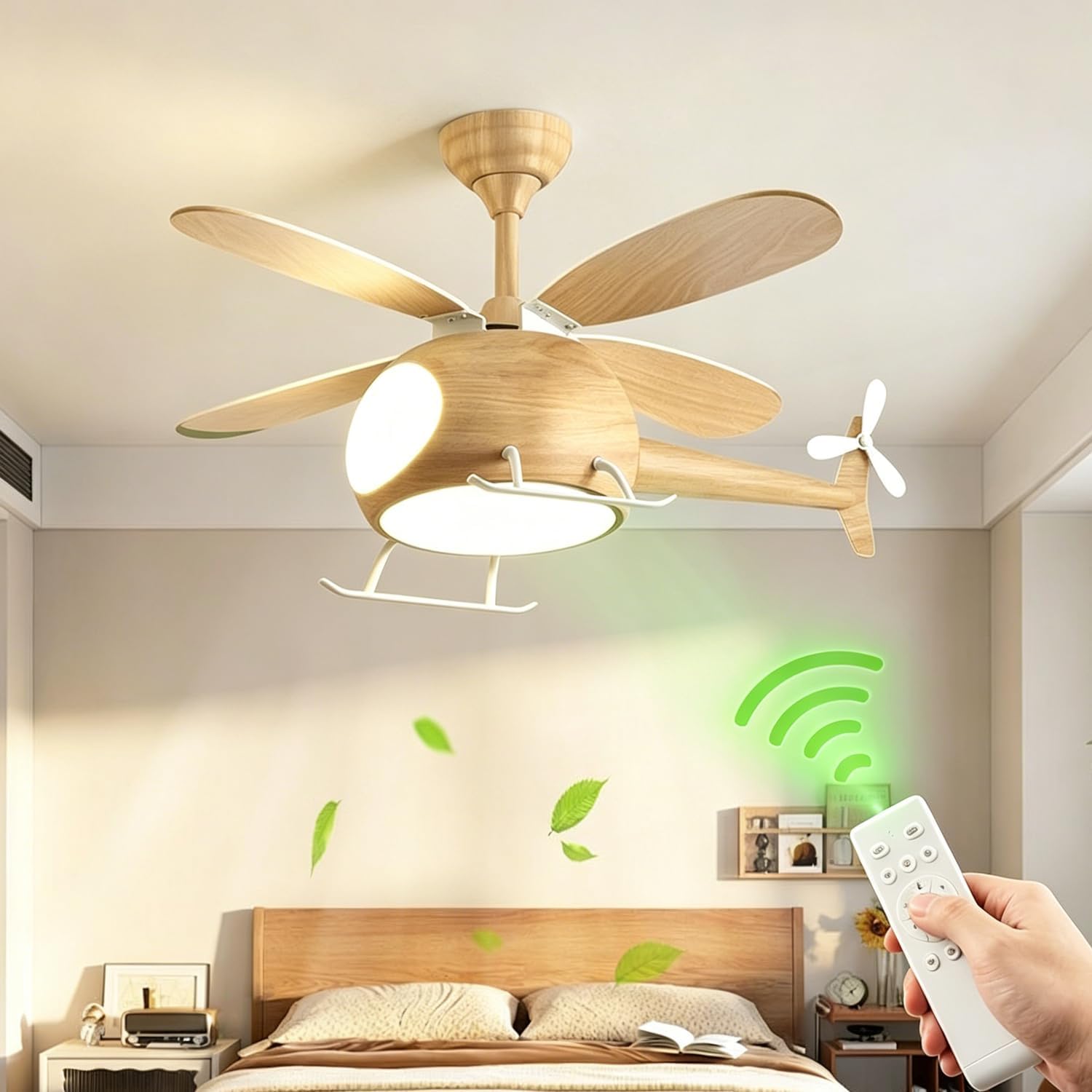 Children's Bedroom Ceiling Fan With Lights,Dimmable Kids Room Cartoon Ceiling Fan Lamp,Helicopter Model Wood Grain Airplane Pendant Light Decoration Fixtures,Remote Control Speed,Hydrographic Printing