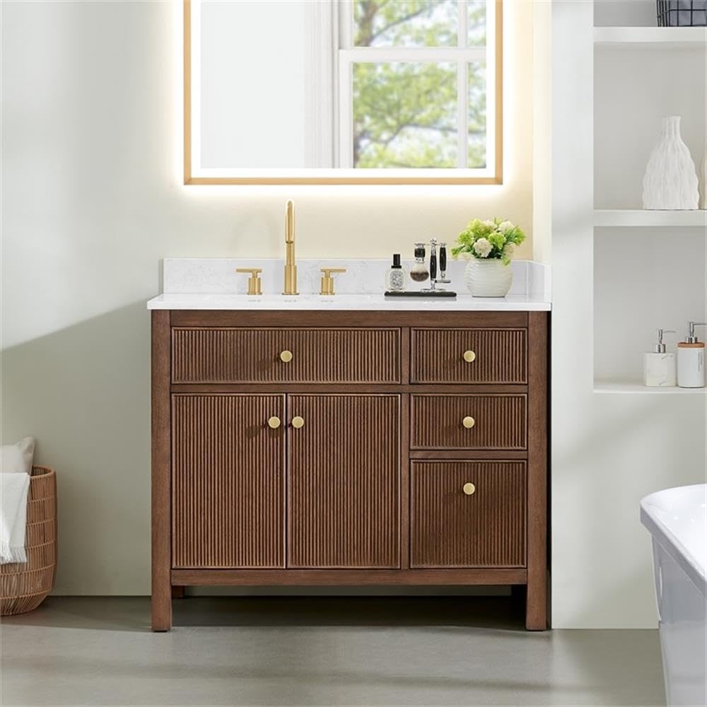 Pemberly Row 42' Bathroom Vanity, Solid Spruce Wood Cabinet, Grain Stone Countertop, Brown Oak Finish, 2 Fluted Doors, 4 Drawers, Ceramic Sink, Brushed Gold Hardware, Contemporary Style