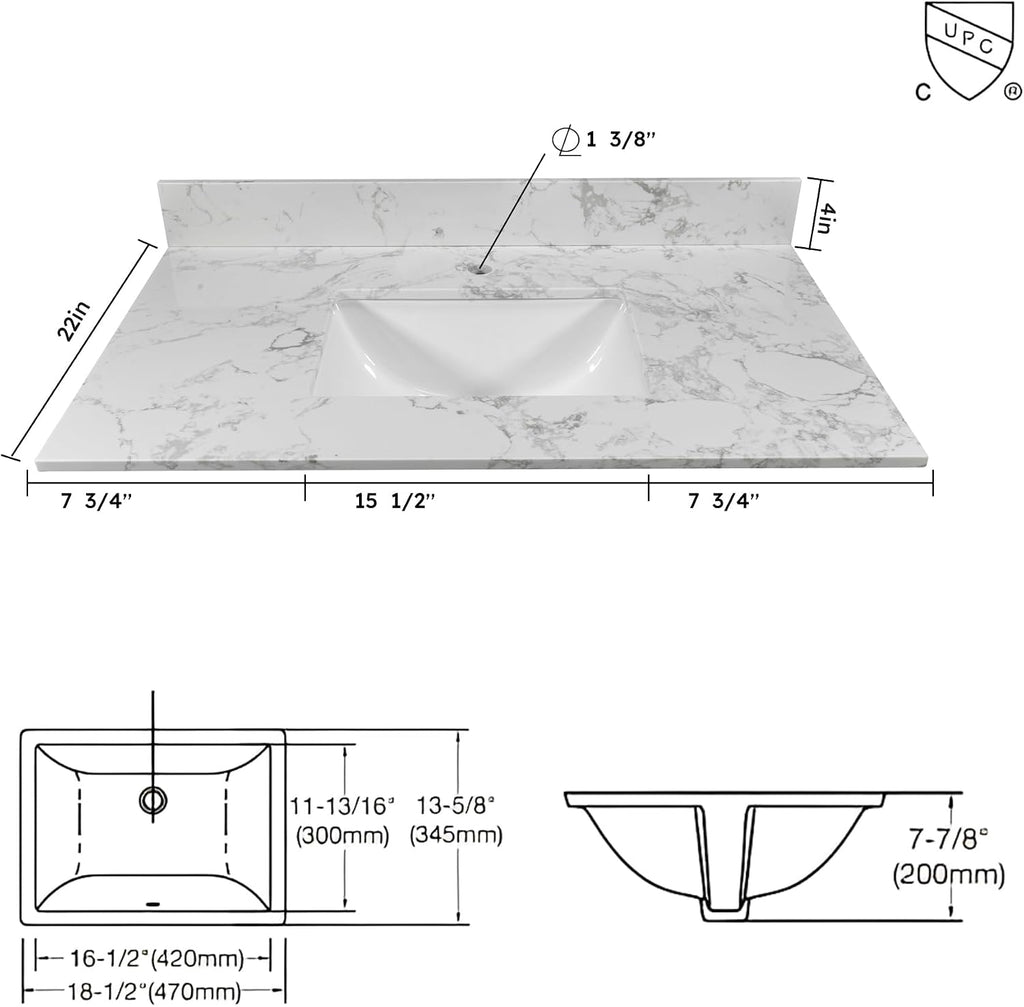 31 Inch Marble Vanity Top with Undermounted Rectangular Ceramic Sink & Backsplash, White Carrara Engineered Stone Countertop Vanity Sink Top for Bathroom 1 Pre-Drilled Hole