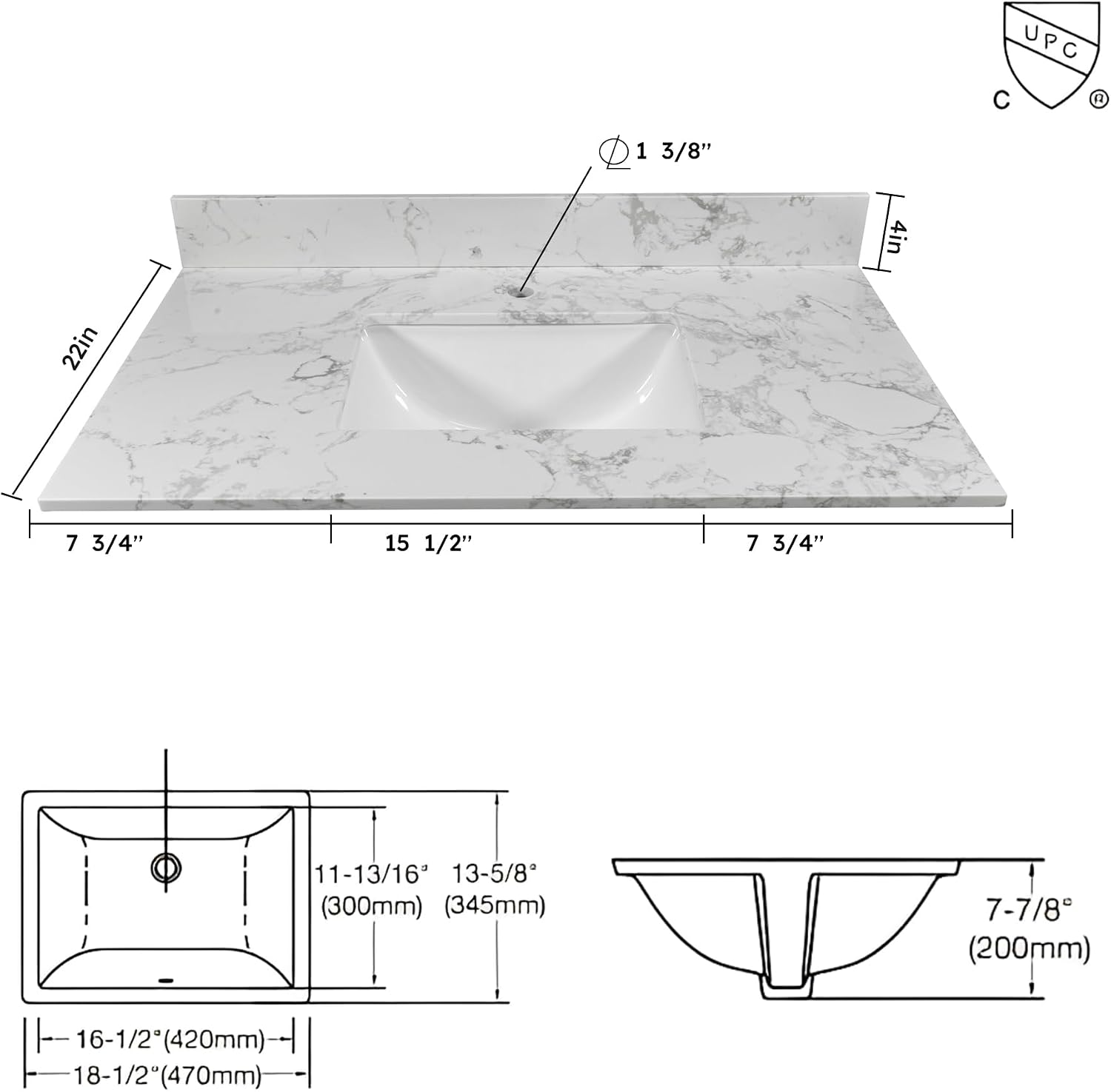 31 Inch Marble Vanity Top with Undermounted Rectangular Ceramic Sink & Backsplash, White Carrara Engineered Stone Countertop Vanity Sink Top for Bathroom 1 Pre-Drilled Hole
