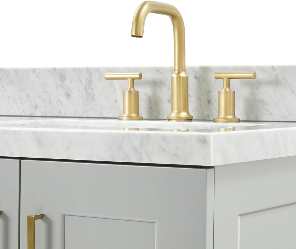 ARIEL Taylor 66-inch Bathroom Vanity with Sink,Solid Wood, 1.5-inch Italian Carrara Marble Countertop & Backsplash, Double Rectangular Porcelain Sink, 4 Soft Closing Doors, 5 Dovetail Drawers, Grey