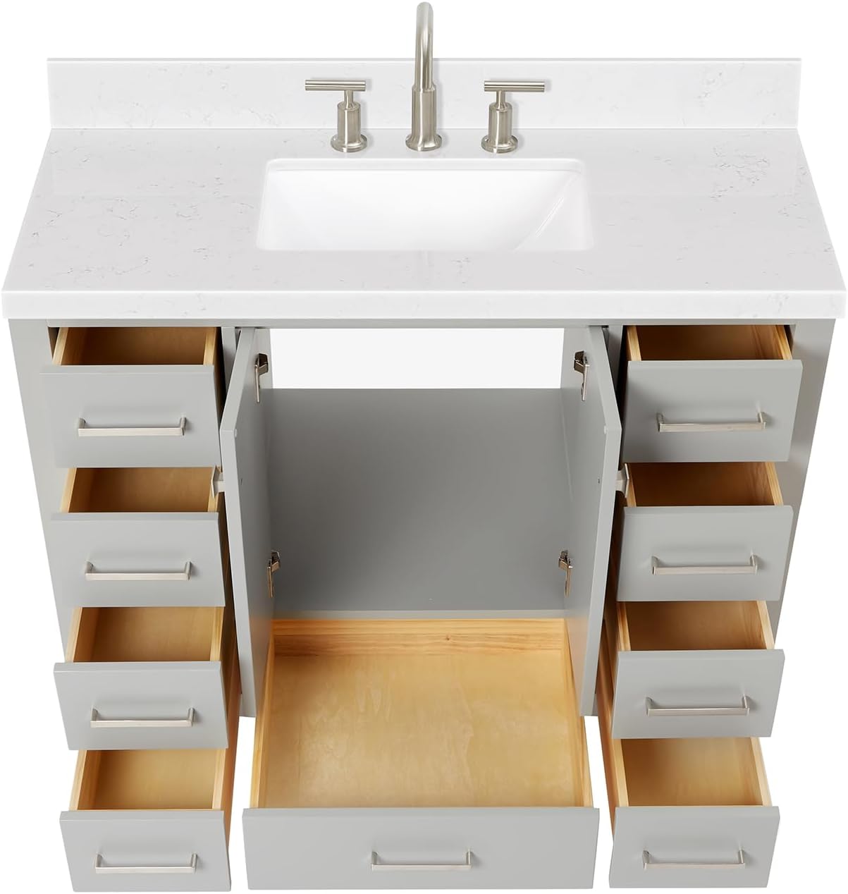 ARIEL Cambridge 42-inch Bathroom Vanity with Sink,Solid Wood, 1.5-inch Carrara White Quartz Countertop, Single Rectangular Porcelain Sink, 2 Soft Closing Doors, 9 Dovetail Drawers, Grey