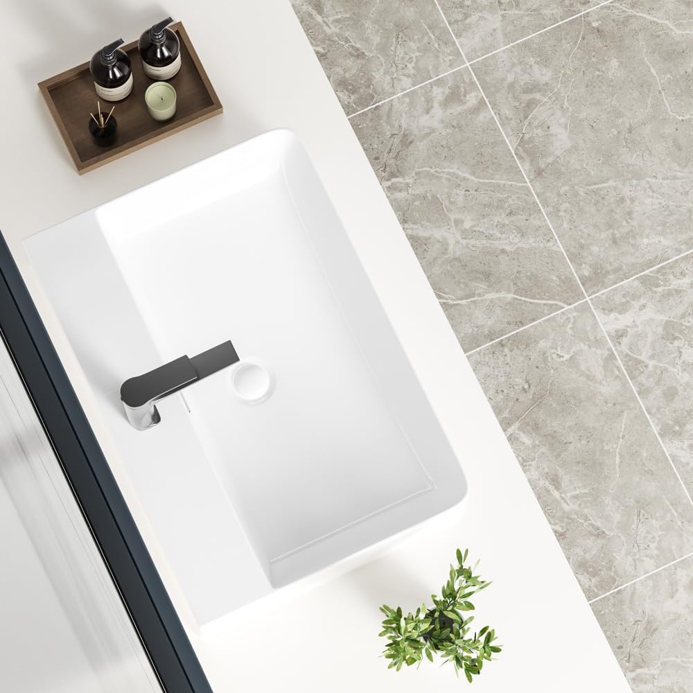 KINGWONG 24' Ceramic Vessel Sink | White Rectangular Bathroom Sink Above Counter or Wall Mounted | Large Porcelain Vanity Basin with Overflow Easy Clean Glossy Finish for Master Bath RV Farmhouse