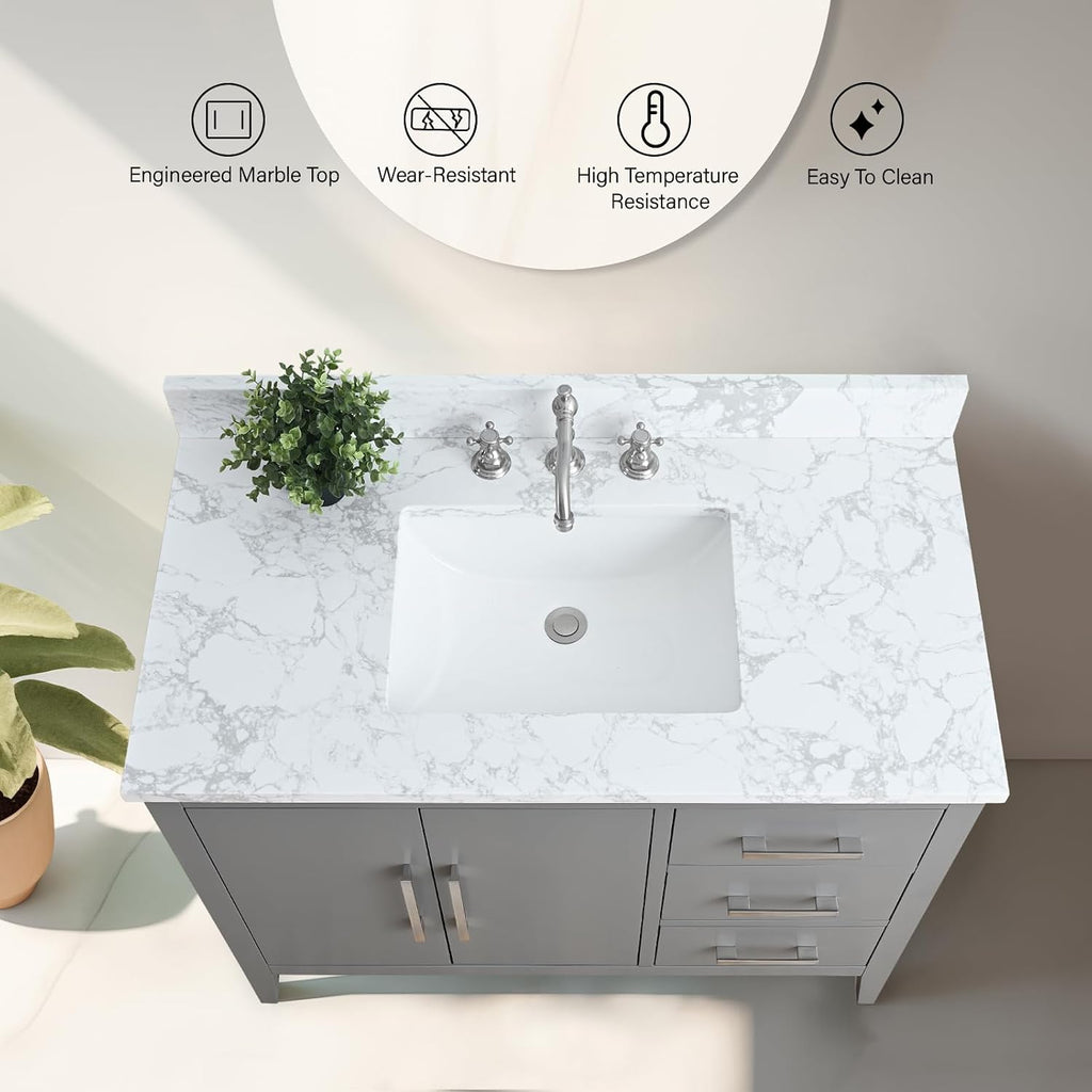 Vanity Art 42 inch Bathroom Vanity with Single Sink & Ceramic Top, Vanity Cabinet with Soft-Closing Doors, Drawers, Solid Wood Frame, Cashmere Gray, Brushed Nickle Handware