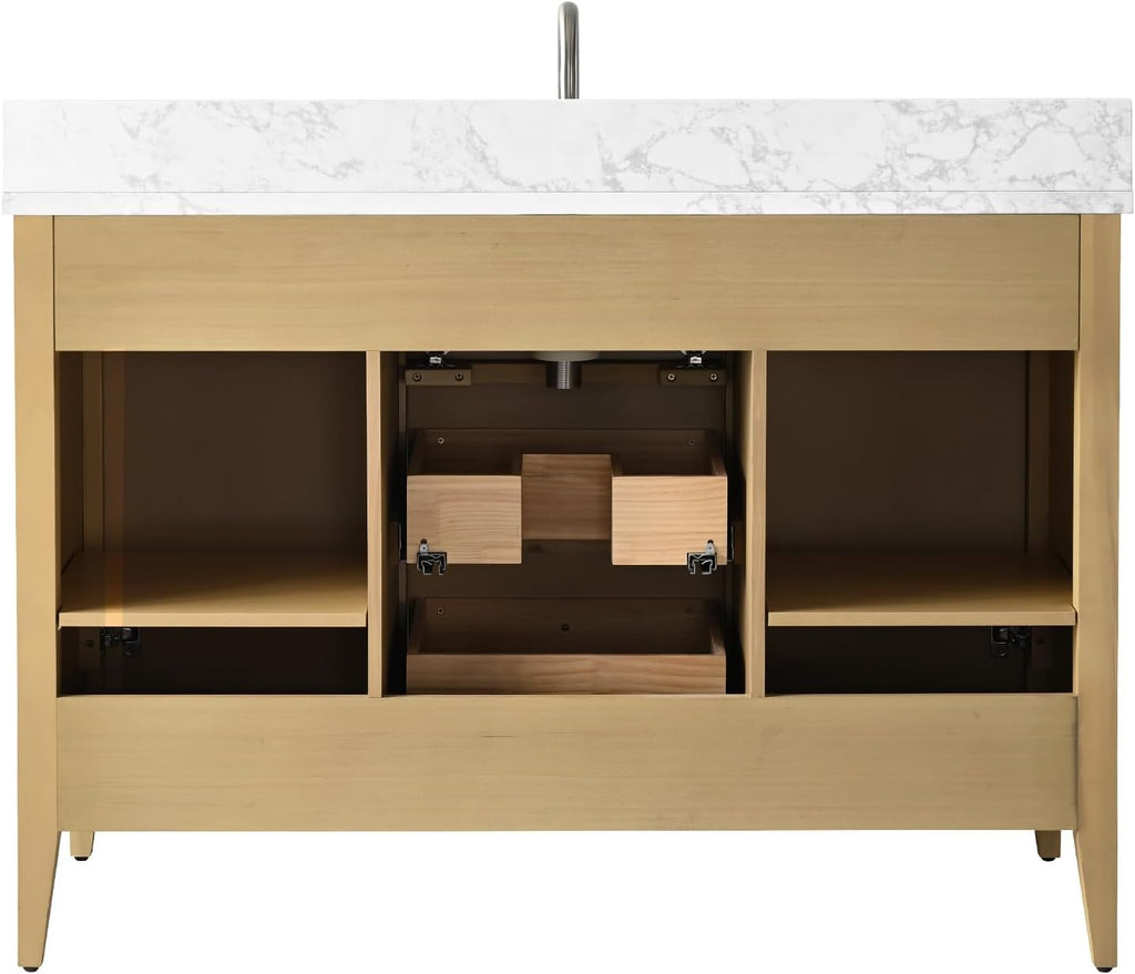HOMEBEYOND 48' Bathroom Vanity with Sink, Solid Wood Bathroom Vanity Free-Standing Cabinet, Drawers, Ceramic Top & Soft Closing Door, Golden Brushed Handware, Natural Oak