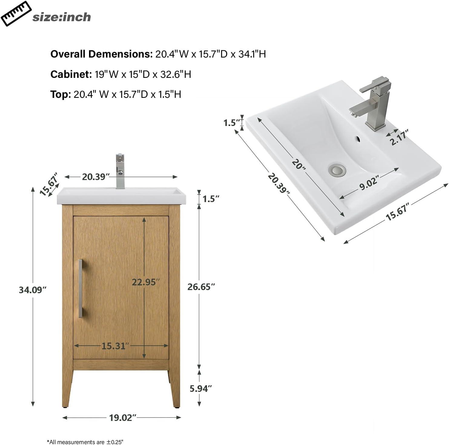 HOMEBEYOND 20 Inch Bathroom Vanities with Sink & Ceramic Top, Single Vanity Cabinet with Basin, Solid Wood Frame, Soft-Closing Doors & Golden Brushed Hardware, Natural Oak