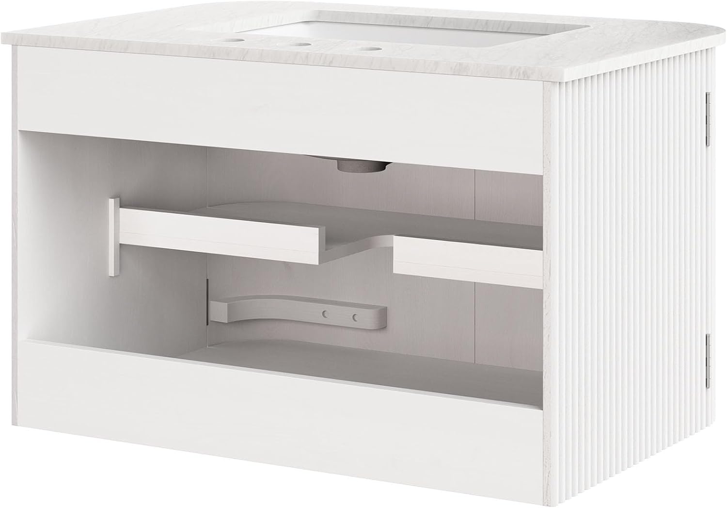 Modway Zia 30 Inch Wall-Mount Bathroom Vanity in Ivory with Marble Sink Basin - Floating Bathroom Cabinet with Fluted Design