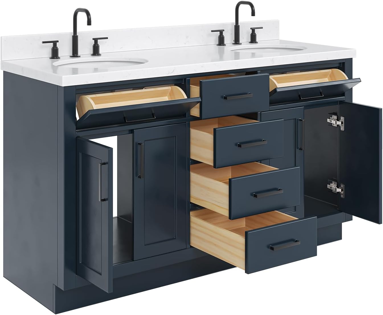 ARIEL Hepburn 60-inch Bathroom Vanity with Sink,Solid Wood, 1.5-inch Carrara White Quartz Countertop, Double Oval Porcelain Sink, 4 Soft Closing Doors, 6 Dovetail Drawers, Midnight Blue