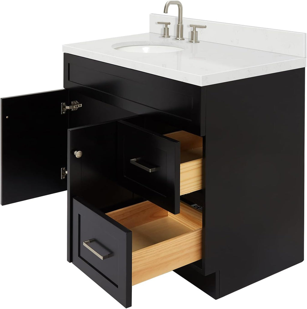 DKB Bradford 42' Black Bathroom Vanity with Sink, Oval Undermount, 1.5' Carrara Quartz Countertop, Solid Wood Frame, 2 Soft-Closing Doors, 2 Full Extension Drawers, Brushed Nickel