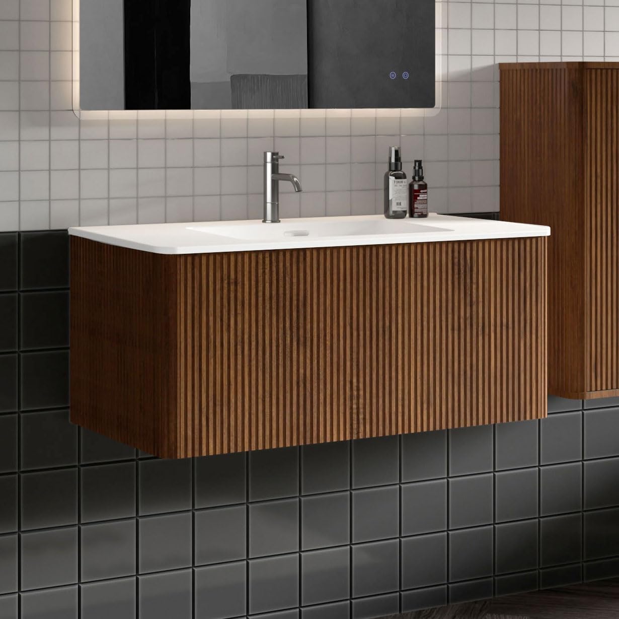 36' Bathroom Vanity with Sink, Modern Floating Vanity with Push Open Soft Close Drawer, Large Storage for Bathroom, Hotel, Walnut, Fully Assembled - Camellia Collection