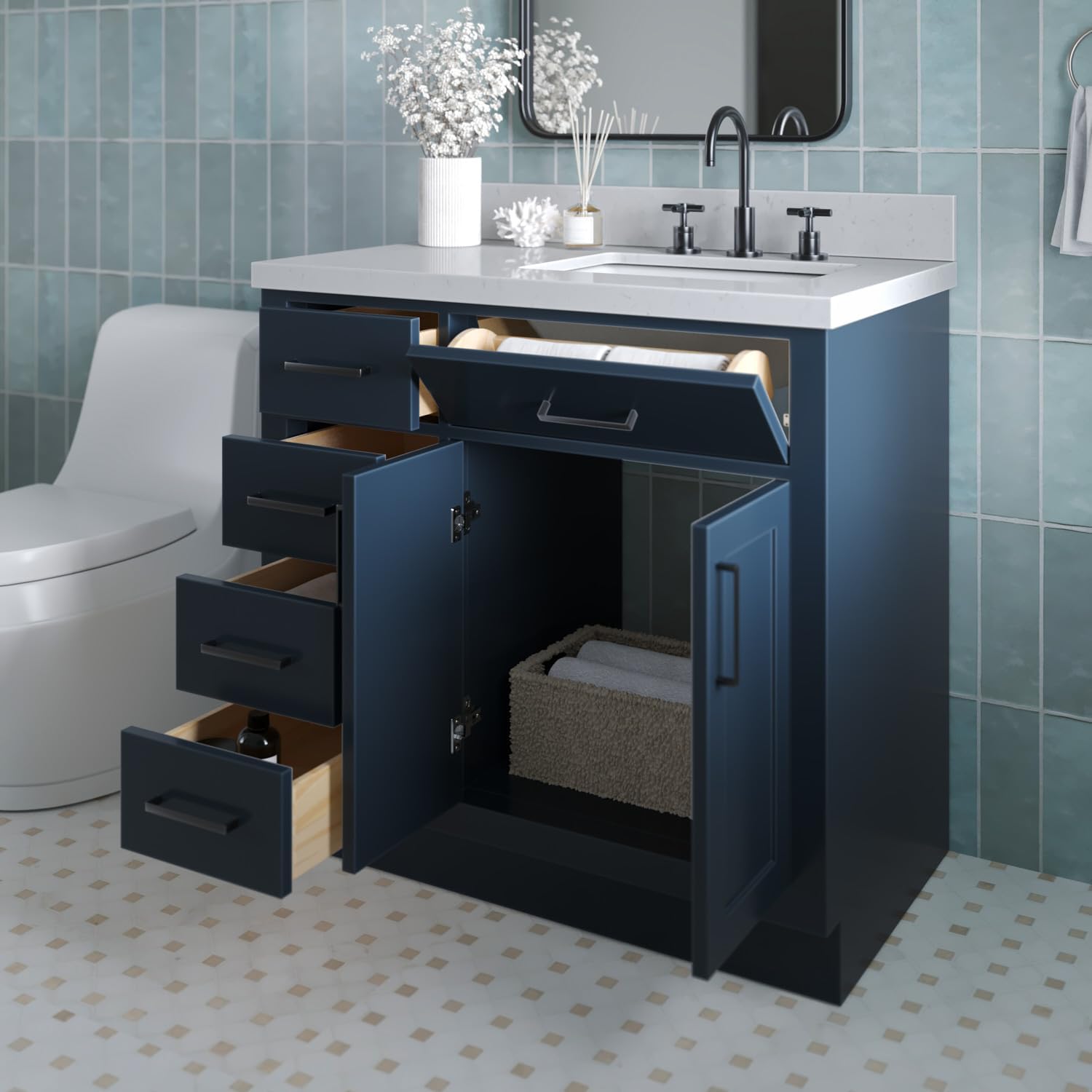 ARIEL Hepburn 36-inch Bathroom Vanity with Sink,Solid Wood, 1.5-inch Carrara White Quartz Countertop, Single Rectangular Porcelain Sink, 2 Soft Closing Doors, 5 Dovetail Drawers, Midnight Blue