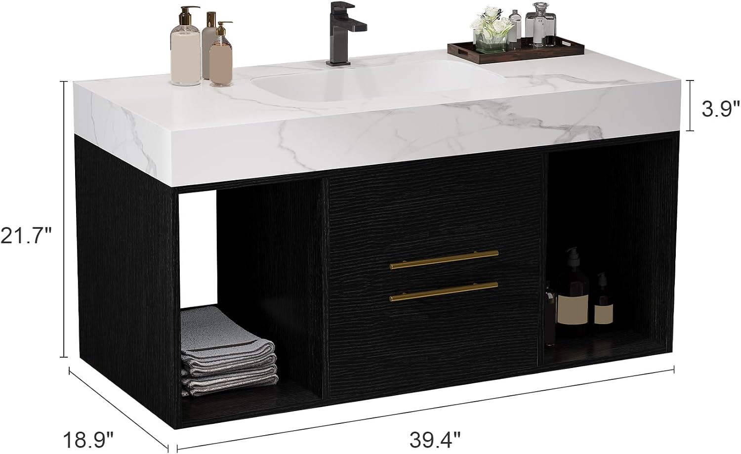 40' Bathroom Vanity with Sink Set, Modern Black Wall Mounted Bathroom Vanity Cabinet with Sintered Stone Top&Gold Handle 2 Drawers&2 Open Storage, Single Sink Floating Bathroom Vanity