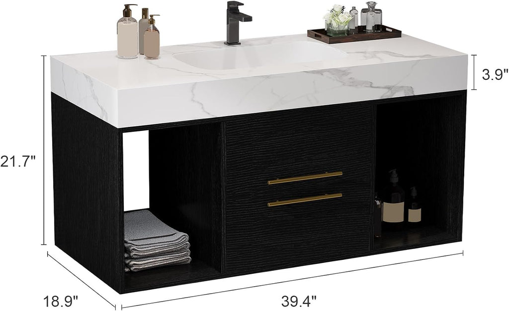 40 inch Bathroom Vanity with Ceramic Sink and Sinter Stone Marble Counter Top Modern Wall Mounted Floating Bathroom Sink Cabinet with 2 Drawers&2 Open Shelves&Gold Metal Handle,Black