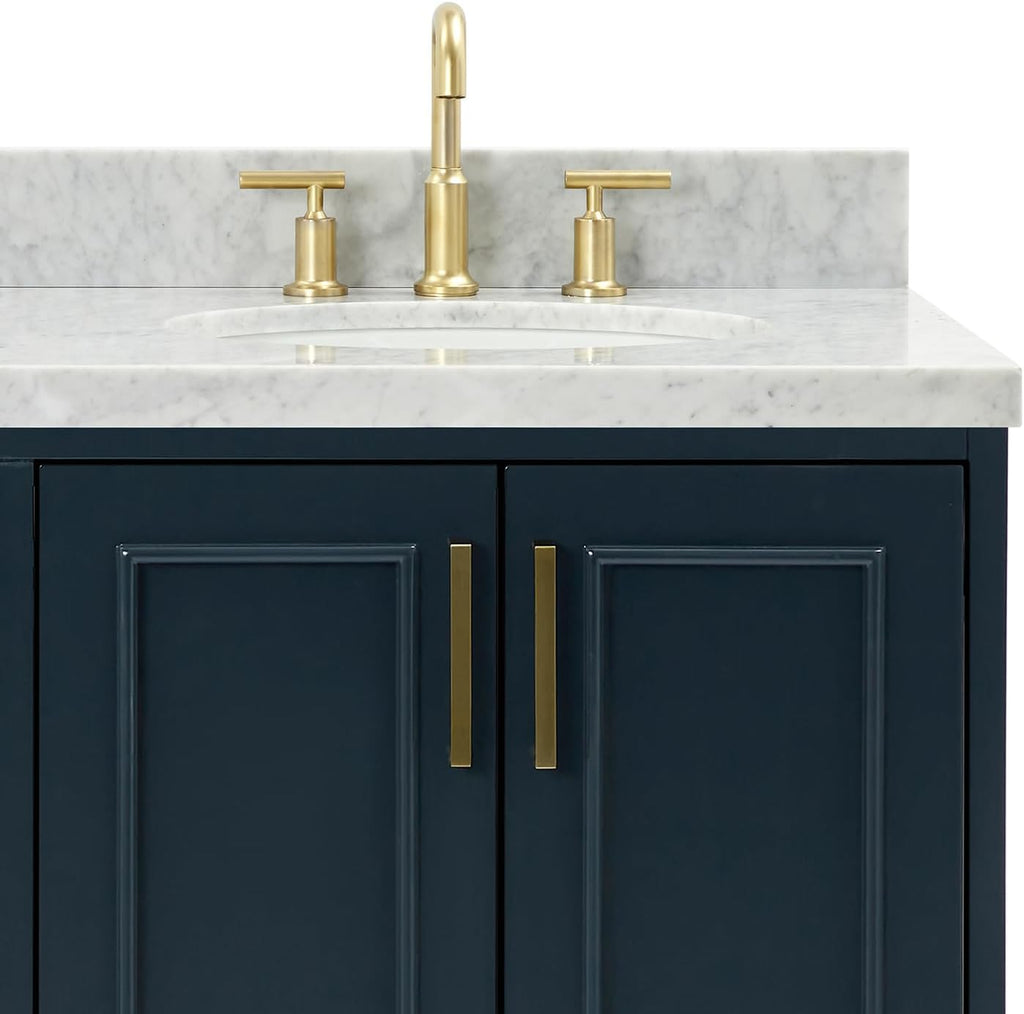 ARIEL Stafford 60-inch Bathroom Vanity with Sink,Solid Wood, 1.5-inch Italian Carrara Marble Countertop, Double Oval Porcelain Sink, 4 Soft Closing Doors, 6 Dovetail Drawers, Midnight Blue