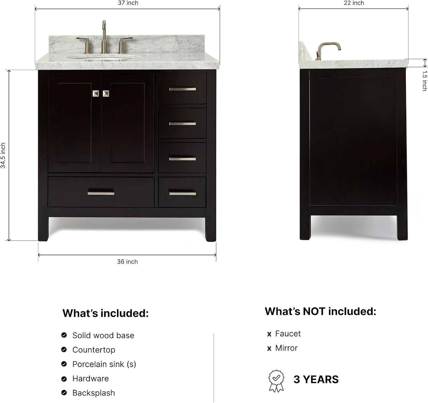 ARIEL Cambridge 36-inch Bathroom Vanity with Sink,Solid Wood, 1.5-inch Italian Carrara Marble Countertop & Backsplash, Single Oval Porcelain Sink, 2 Soft Closing Doors, 5 Dovetail Drawers, Espresso