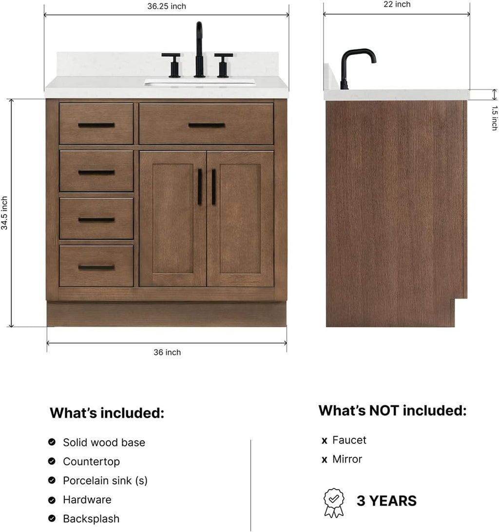 ARIEL Hepburn 36-inch Bathroom Vanity with Sink,Solid Wood, 1.5-inch Carrara White Quartz Countertop, Single Rectangular Porcelain Sink, 2 Soft Closing Doors, 5 Dovetail Drawers, Brown Oak