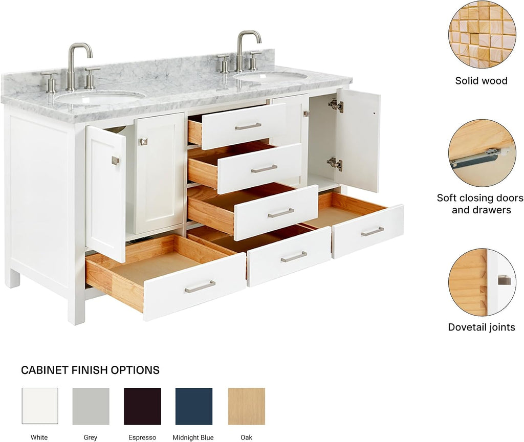 ARIEL Cambridge 66-inch Bathroom Vanity with Sink,Solid Wood, 1.5-inch Italian Carrara Marble Countertop & Backsplash, Double Oval Porcelain Sink, 4 Soft Closing Doors, 6 Dovetail Drawers, White