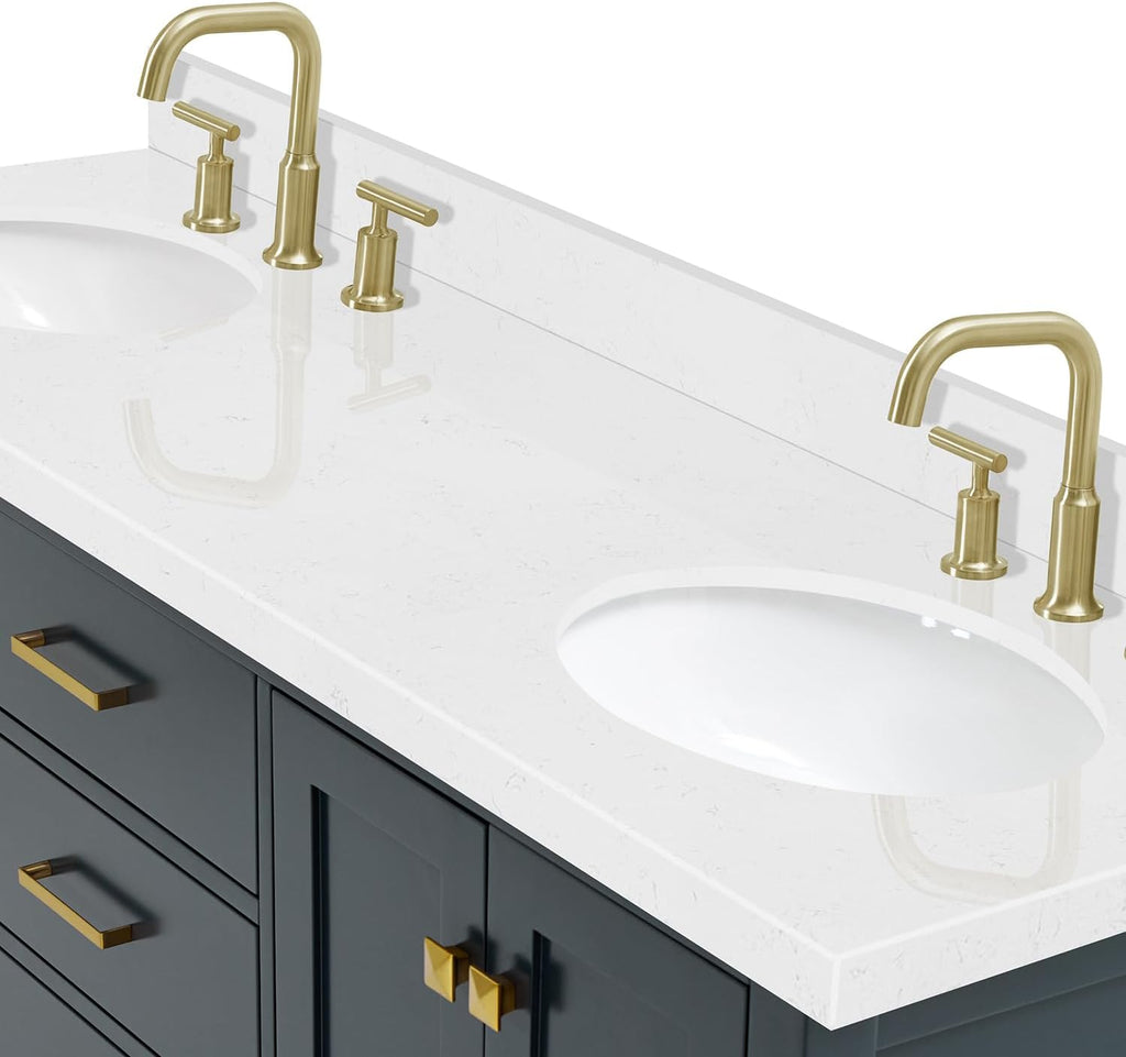 ARIEL Cambridge 66-inch Bathroom Vanity with Sink,Solid Wood, 1.5-inch Carrara White Quartz Countertop, Double Oval Porcelain Sink, 4 Soft Closing Doors, 6 Dovetail Drawers, Midnight Blue