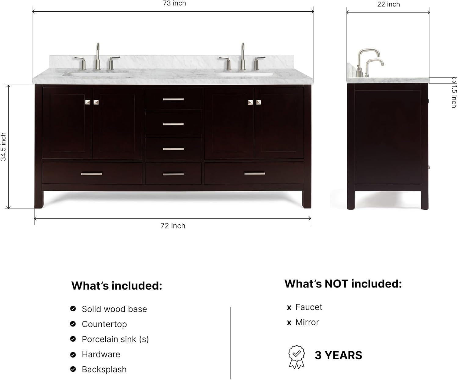 DKB Beckford 72 Inch Bathroom Vanity Double Sink — Espresso Bathroom Vanity with Sink, 1.5' Edge Italian Carrara Marble Countertop & Backsplash, 4 Soft-Close Doors, 6 Dovetail Drawers