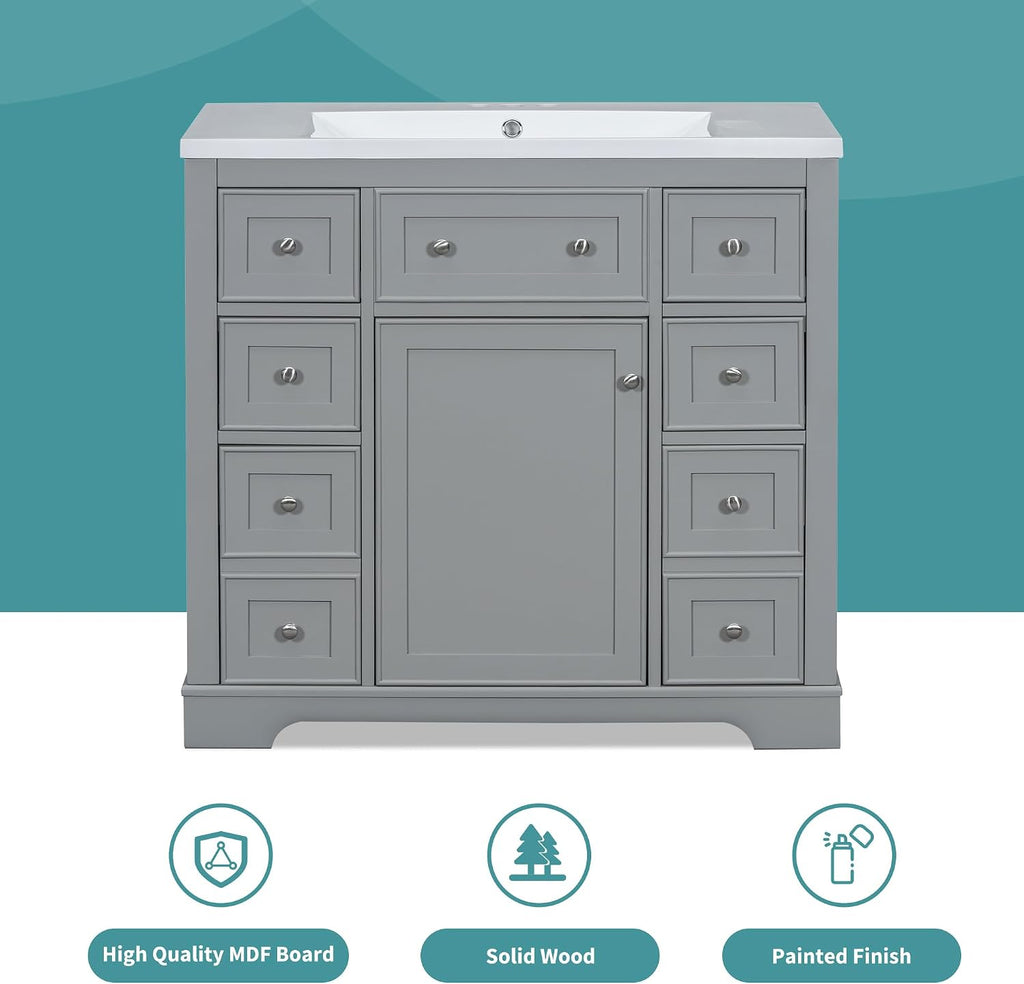 Bellemave 36' Bathroom Vanity with Basin Sink, Single Vanity Set, Vanity and Basin Sink Combo with One Cabinet and Six Drawers for Bathroom, No Mirror (Grey)