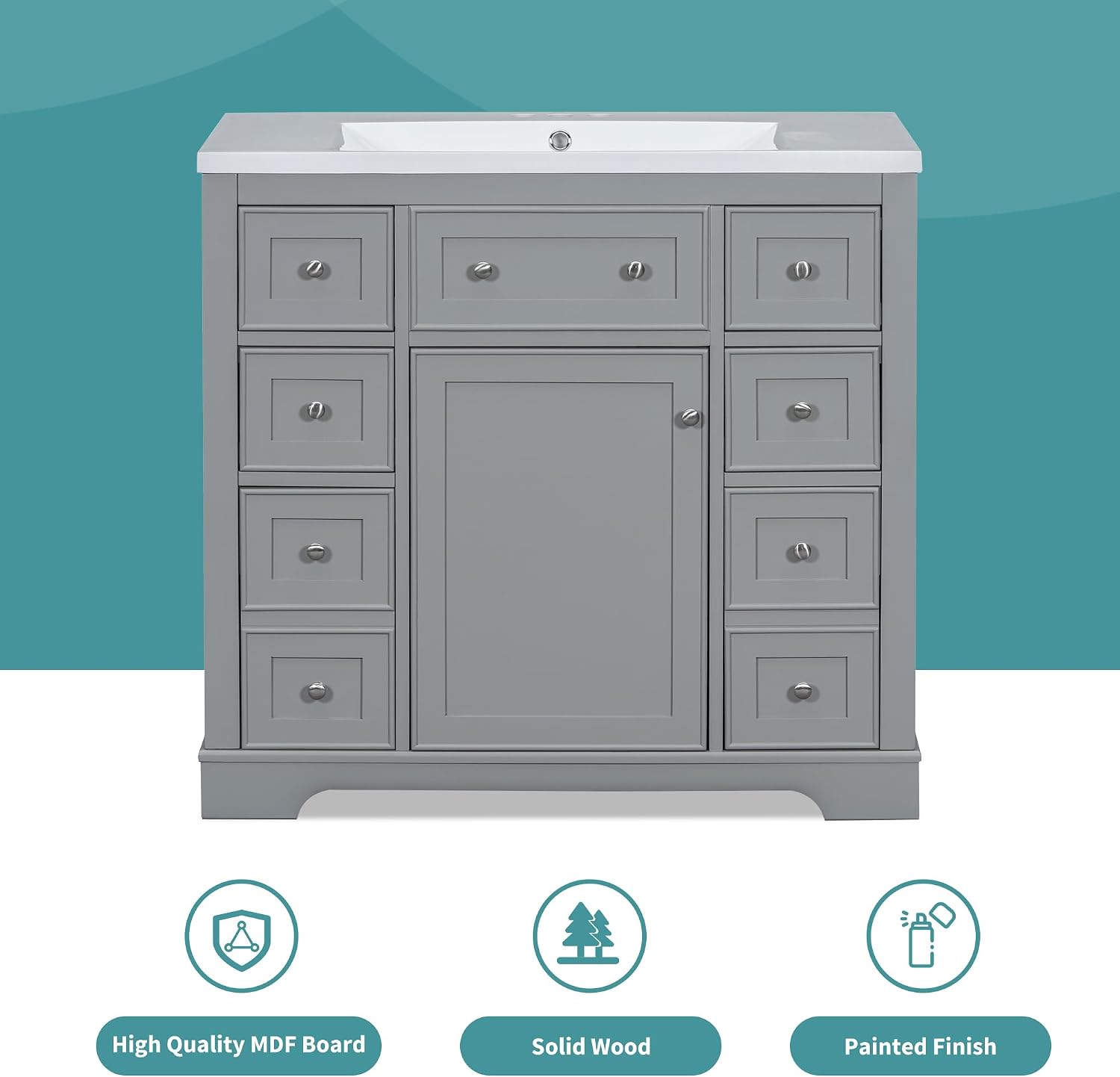 Bellemave 36' Bathroom Vanity with Basin Sink, Single Vanity Set, Vanity and Basin Sink Combo with One Cabinet and Six Drawers for Bathroom, No Mirror (Grey)