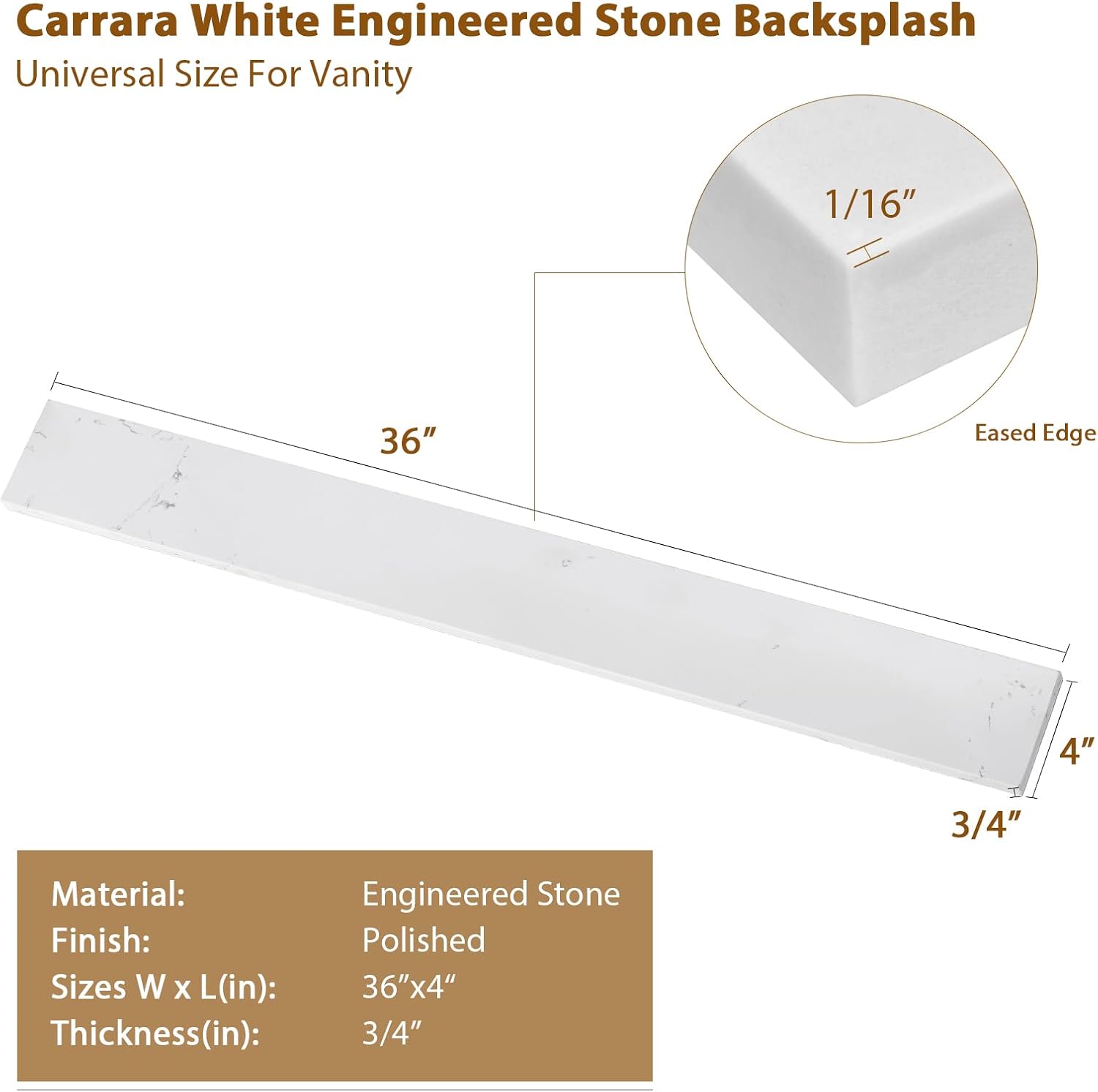 36 in. W x 4 in. H Engineered Stone Backsplash for Bathroom Vanity Sink Top in Carrara White