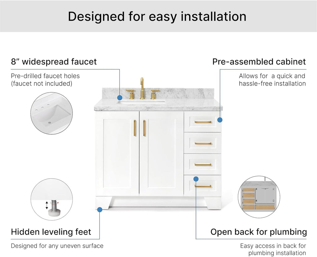ARIEL Taylor 42-inch Bathroom Vanity with Sink,Solid Wood, 1.5-inch Italian Carrara Marble Countertop, Single Rectangular Porcelain Sink, 2 Soft Closing Doors, 5 Dovetail Drawers, White