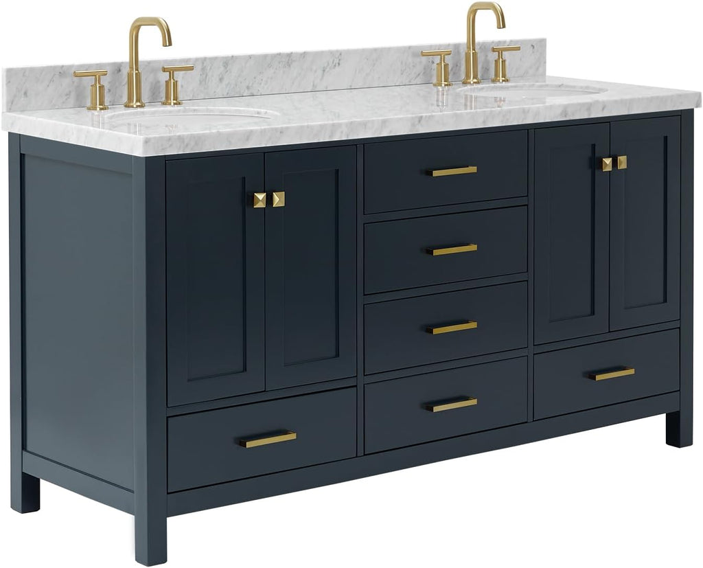 ARIEL Cambridge 66-inch Bathroom Vanity with Sink,Solid Wood, 1.5-inch Italian Carrara Marble Countertop, Double Oval Porcelain Sink, 4 Soft Closing Doors, 6 Dovetail Drawers, Midnight Blue