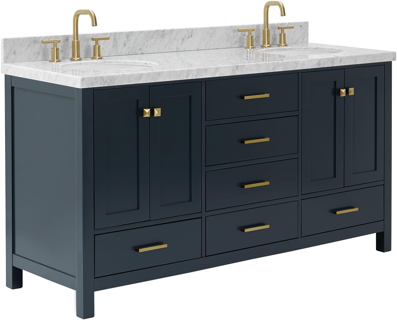ARIEL Cambridge 66-inch Bathroom Vanity with Sink,Solid Wood, 1.5-inch Italian Carrara Marble Countertop, Double Oval Porcelain Sink, 4 Soft Closing Doors, 6 Dovetail Drawers, Midnight Blue