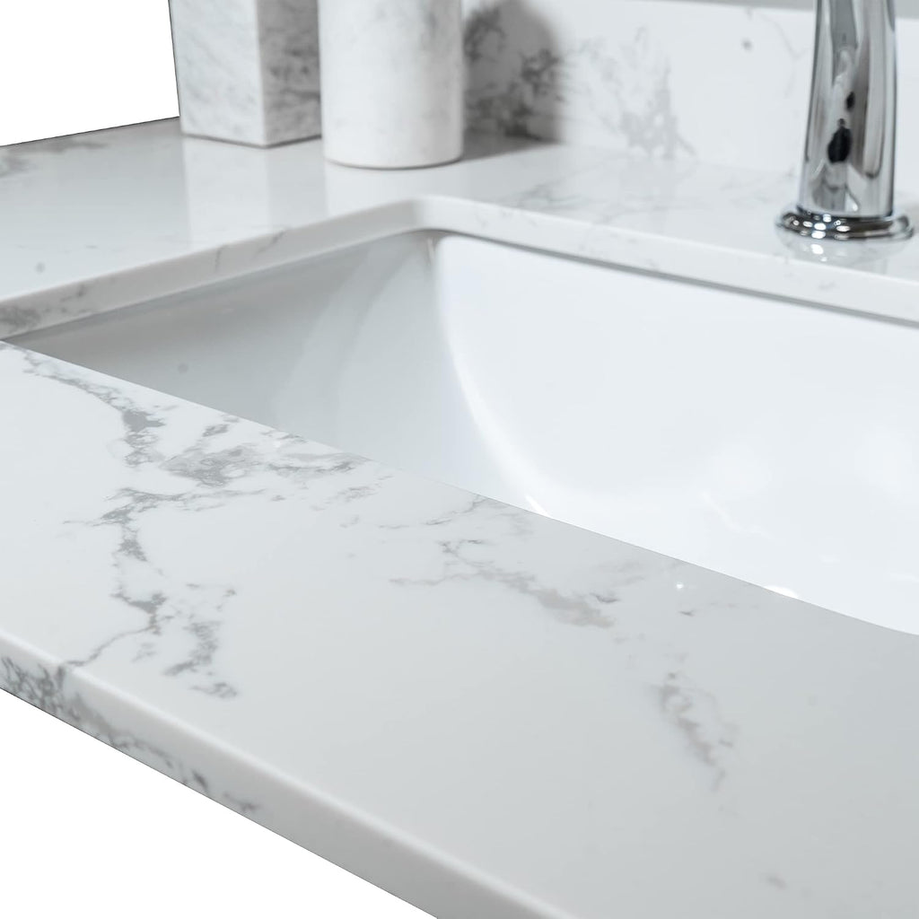 Runboll 37 x 22 inch Vanity Top Artificial Marble Stone Bathroom Vanity Sink Top Double Rectangle Under-mount Ceramic Sink with Single Faucet Holes and 1 Backsplash
