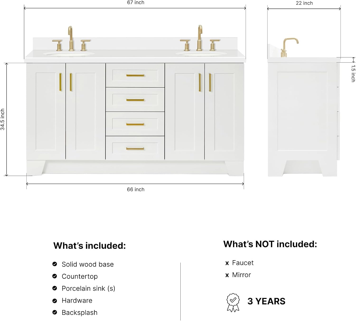 DKB Emilia 66-Inch White Double Bathroom Vanity, 1.5-Inch Edge Pure White Quartz Countertop & Backsplash, Oval Undermount Sinks, 4 Soft Closing Doors, 6 Dovetail Drawers, Toe Kick, Satin Brass