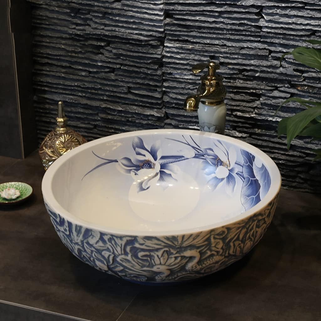 Bathroom Basin Vessels Sink Countertop Basin, Vanity Sink Tops Chinese Retro Lotus Ceramic Bathroom Sink, Round Single Basin in Household Bathroom,White-42 * 15cm