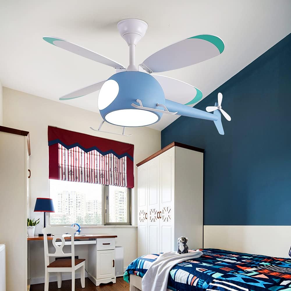 Children's Bedroom Ceiling Fan with lights,Remote control speed,Dimmable Kids Room Cartoon Ceiling Fan Lamp,Helicopter Model&Teddy Bear Model Options Blue