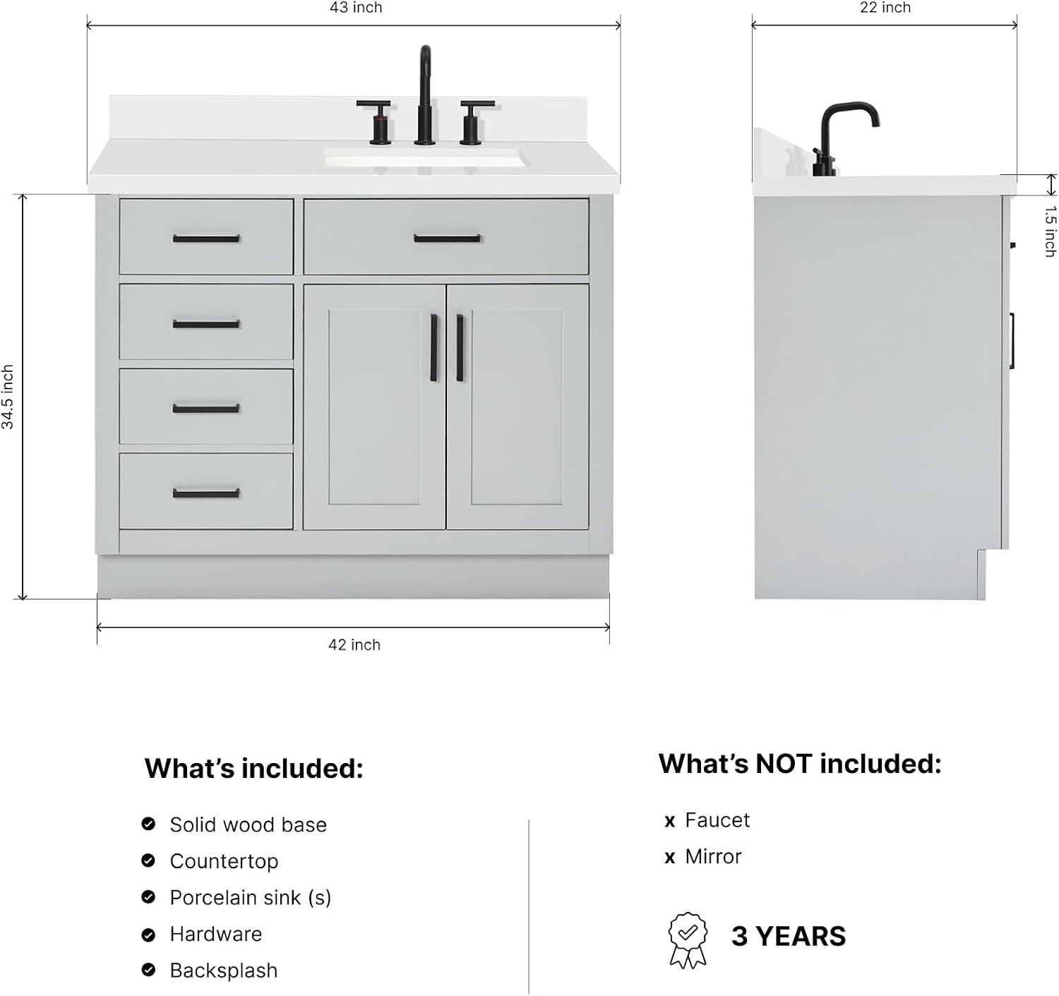 DKB Isabella 42-Inch Gray Single Bathroom Vanity with Sink, 1.5' Pure White Quartz Countertop, Right Rectangular Undermount Sink, Solid Wood Frame, 2 Soft-Close Doors, 5 Dovetail Drawers, Toe Kick