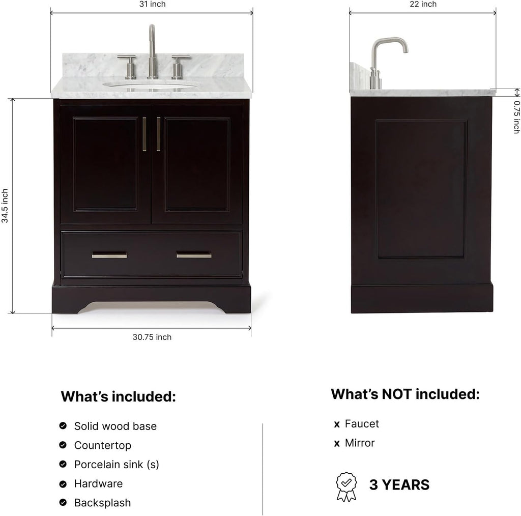 ARIEL Stafford 30-inch Bathroom Vanity with Sink,Solid Wood, 0.75-inch Italian Carrara Marble Countertop & Backsplash, Single Oval Porcelain Sink, 2 Soft Closing Doors, 1 Dovetail Drawers, Espresso