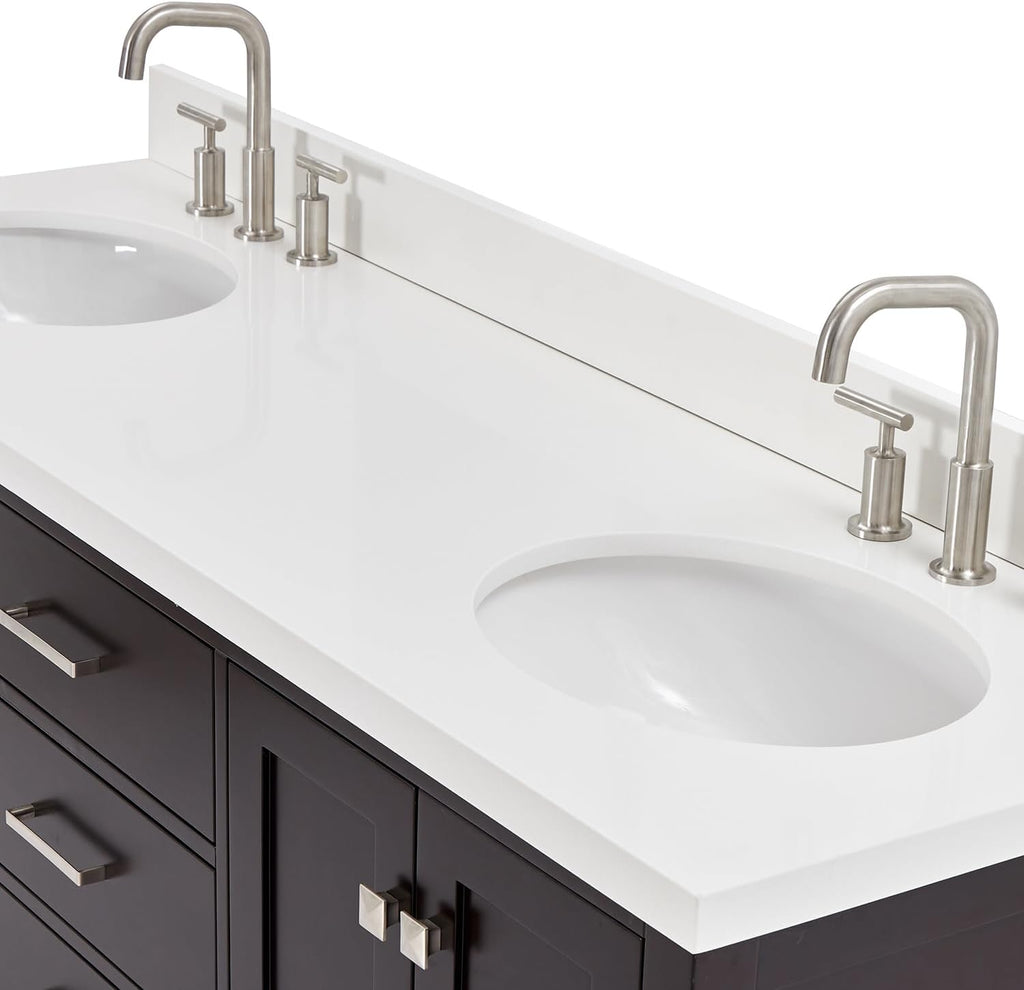 DKB Beckford 66-Inch Espresso Double Bathroom Vanity with 1.5-Inch Edge Pure White Quartz Countertop & Backsplash, 2 Oval Undermount Sinks, 4 Soft Closing Doors, 6 Dovetail Drawers, Brushed Nickel