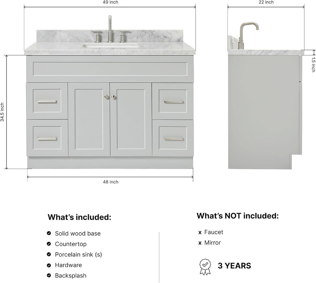 ARIEL Hamlet 48-inch Bathroom Vanity with Sink,Solid Wood, 1.5-inch Italian Carrara Marble Countertop & Backsplash, Single Rectangular Porcelain Sink, 2 Soft Closing Doors, 4 Dovetail Drawers, Grey
