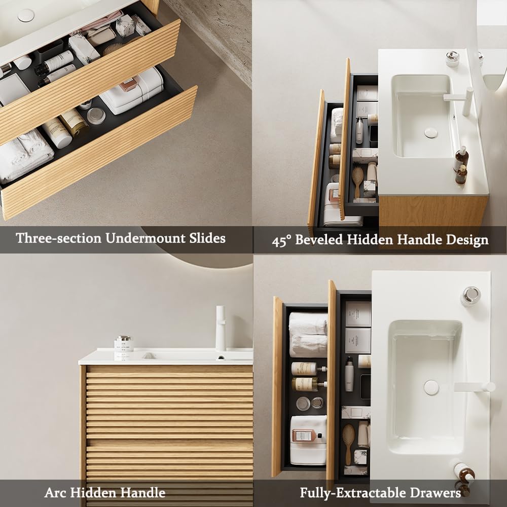 24' Floating Bathroom Vanity with Sink, Wall Mounted Modern Bathroom Cabinet with 2 Soft Close Drawers, Oak & Plywood, Pre-Assembled with Integrated Ceramic Basin – Sedona, Light Oak