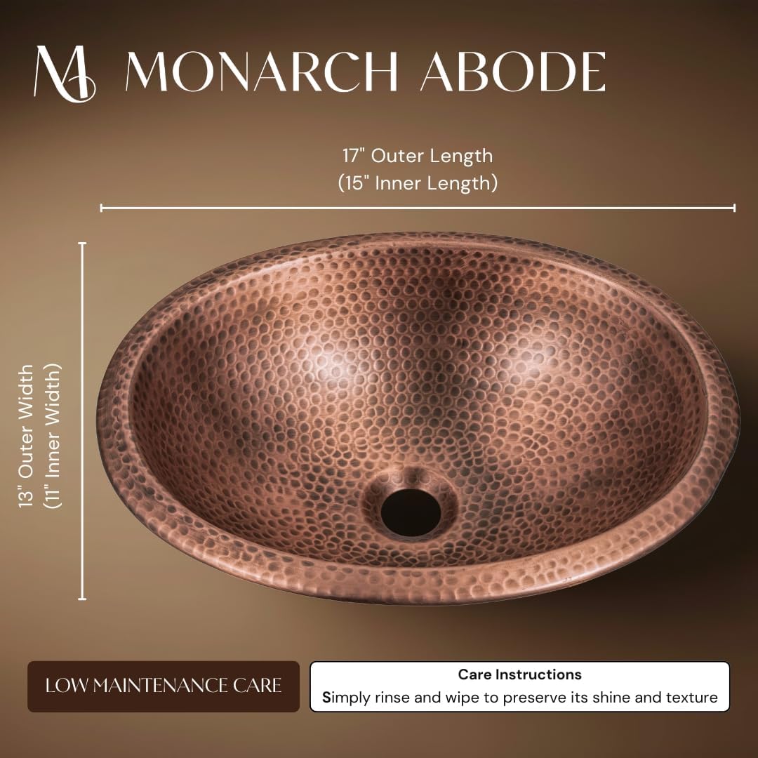 Monarch Abode Bathroom Sink – 17-Inch Oval Drop In Bathroom Sink, Top Mount Hand Hammered Pure Copper Vanity Sinks for Countertop, Powder Room, Guest Bath or Restroom, Drop in Sinks for Bathrooms