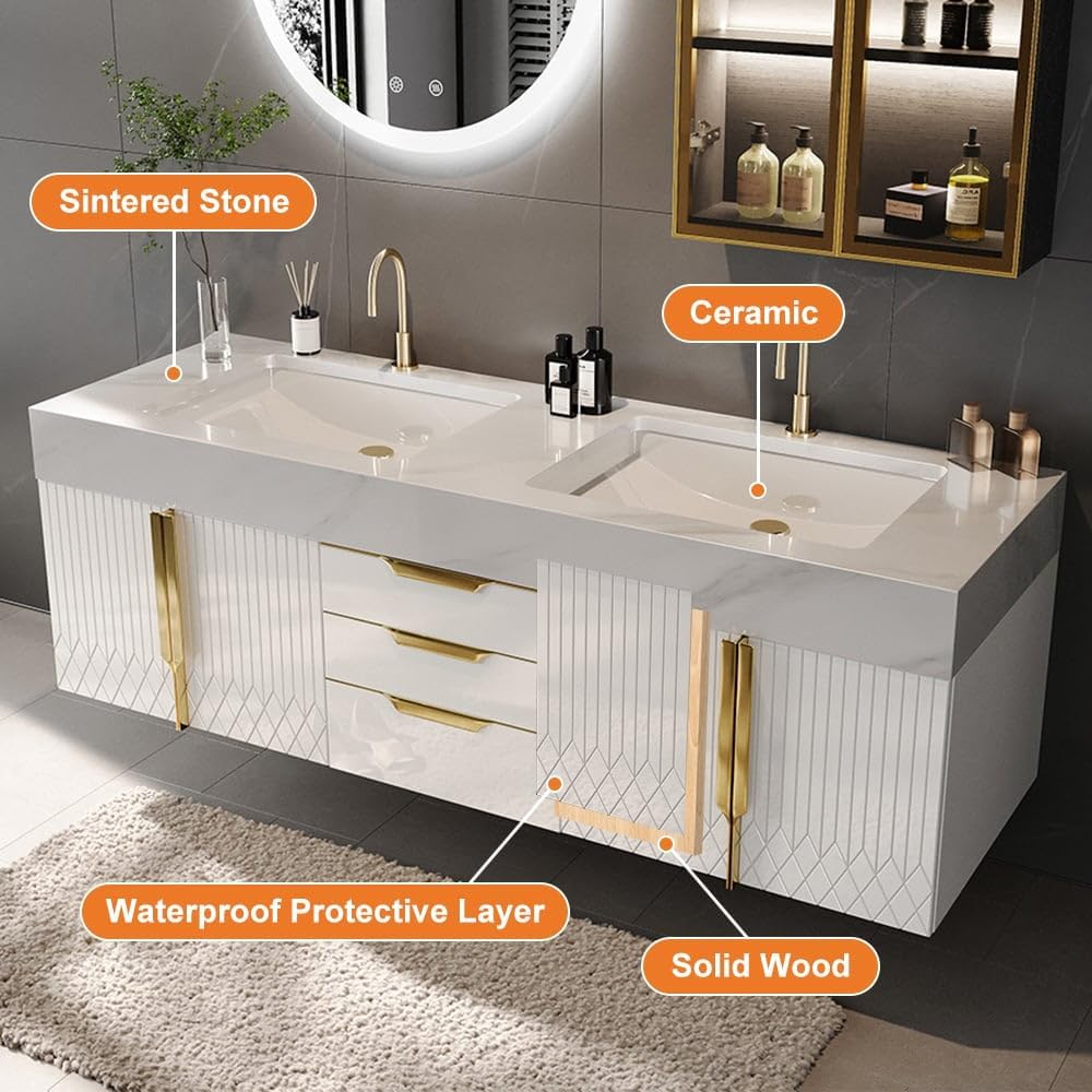 KunMai 59' White Floating Bathroom Vanity with Faux Marble Top, Double Ceramic Vessel Sinks, Wall-Mounted Design, 3 Drawers for Storage, Modern Bathroom Cabinet with Gold Hardware Finish